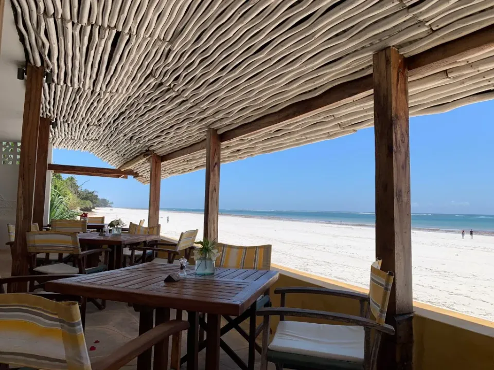 View of Diani Beach and the Indian Ocean from the terrace at Blue Marlin Hotel